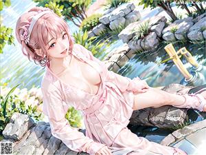 A woman in a pink dress sitting on a rock by a pond.